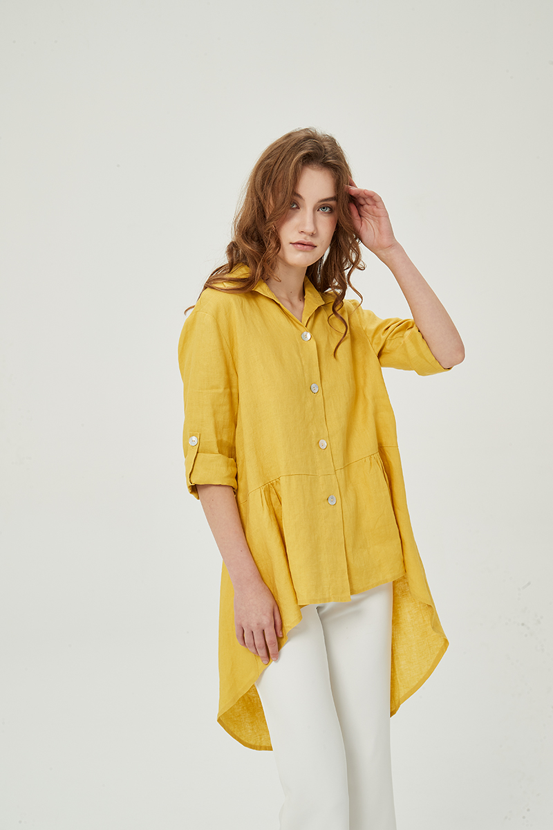 Ladies high-low linen casual dress shirt