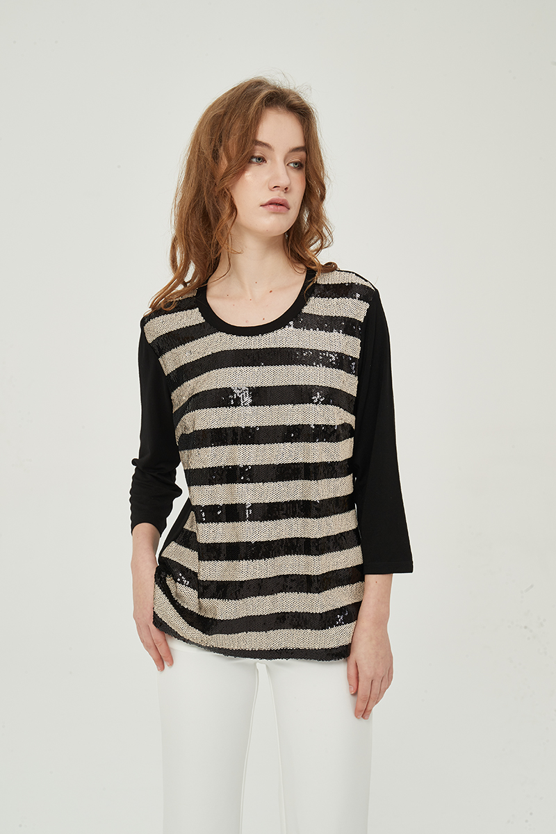 Ladies horizental stripe sequin tee