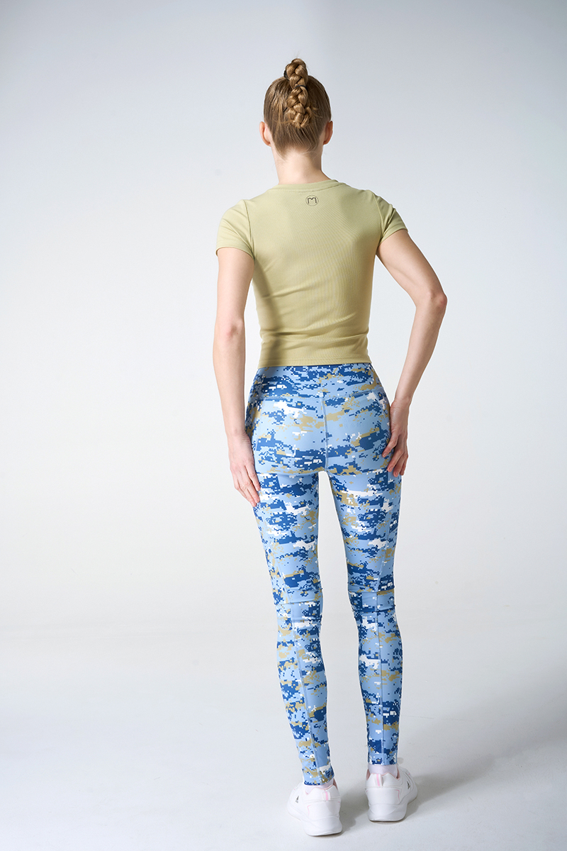 Hi Stretched Modal Rib Fitted Short Fitted Sleeve Tee  And Blue Camouflage Legging With Side Pocket Sets