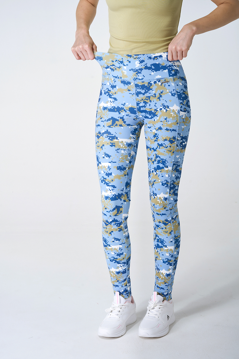 Hi Stretched Modal Rib Fitted Short Fitted Sleeve Tee  And Blue Camouflage Legging With Side Pocket Sets