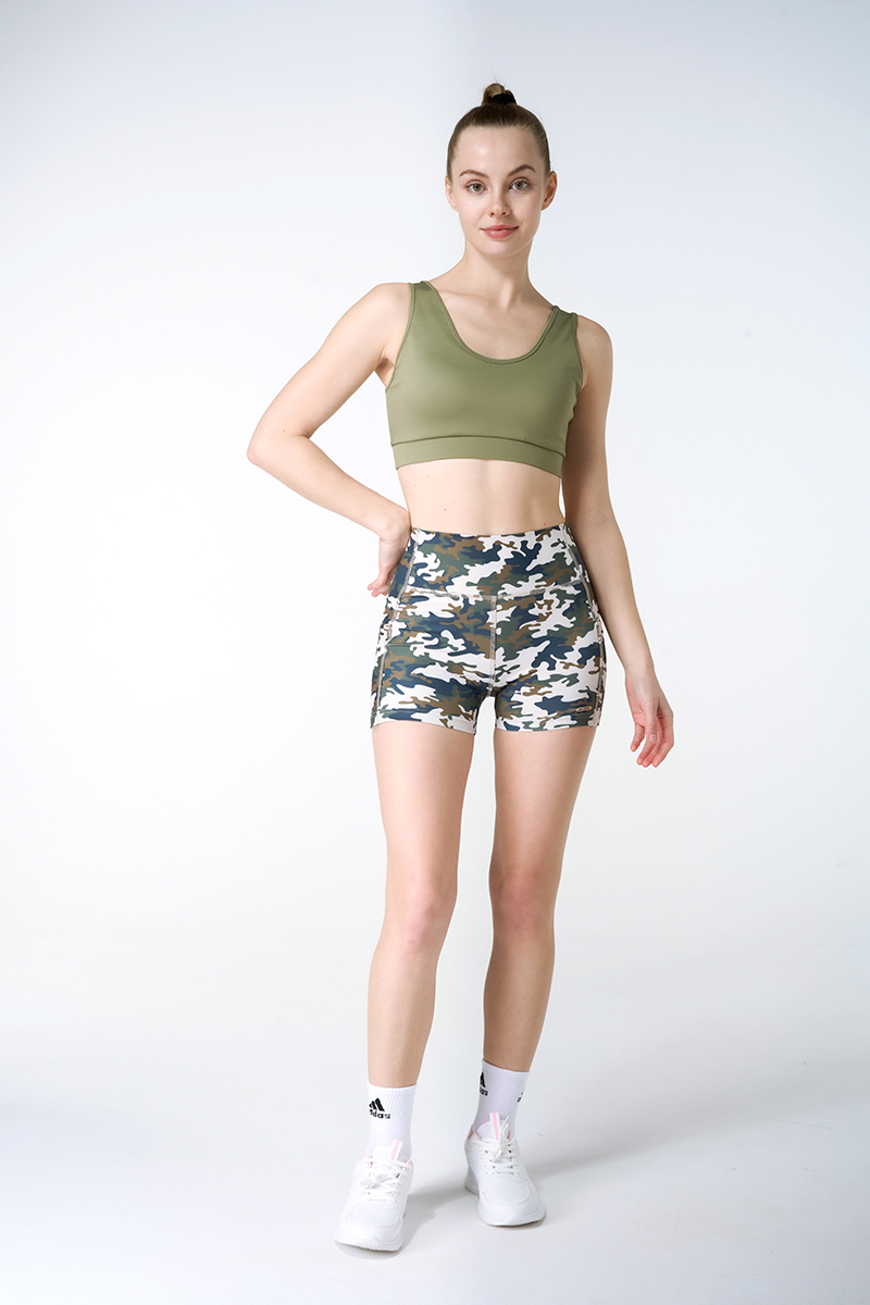 Hi Stretched Padded Sports Bra And Army Green Camouflage  Shorts Legging With Side Pocket Sets