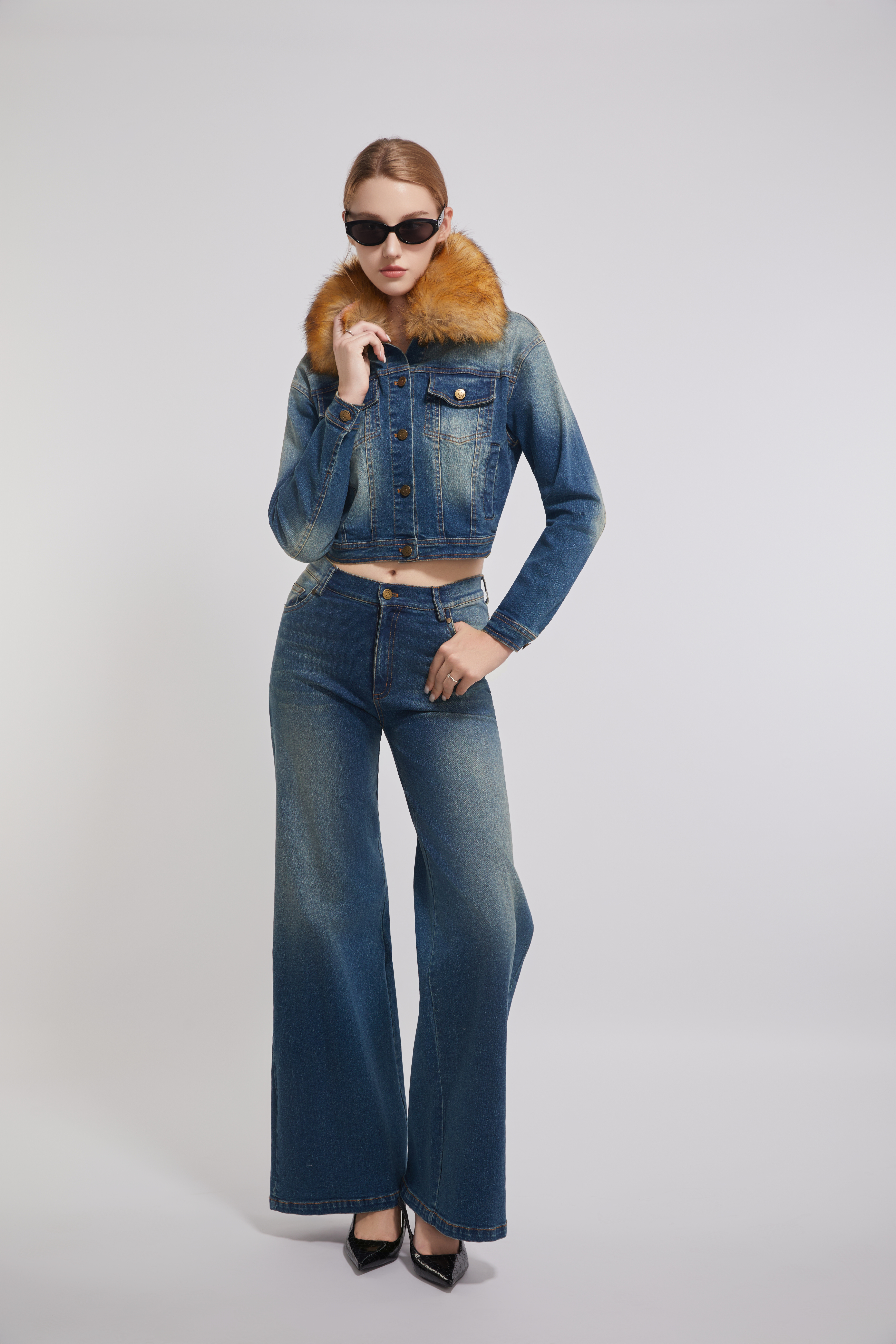 Heavy Fur Collar Blue Denim Jacket