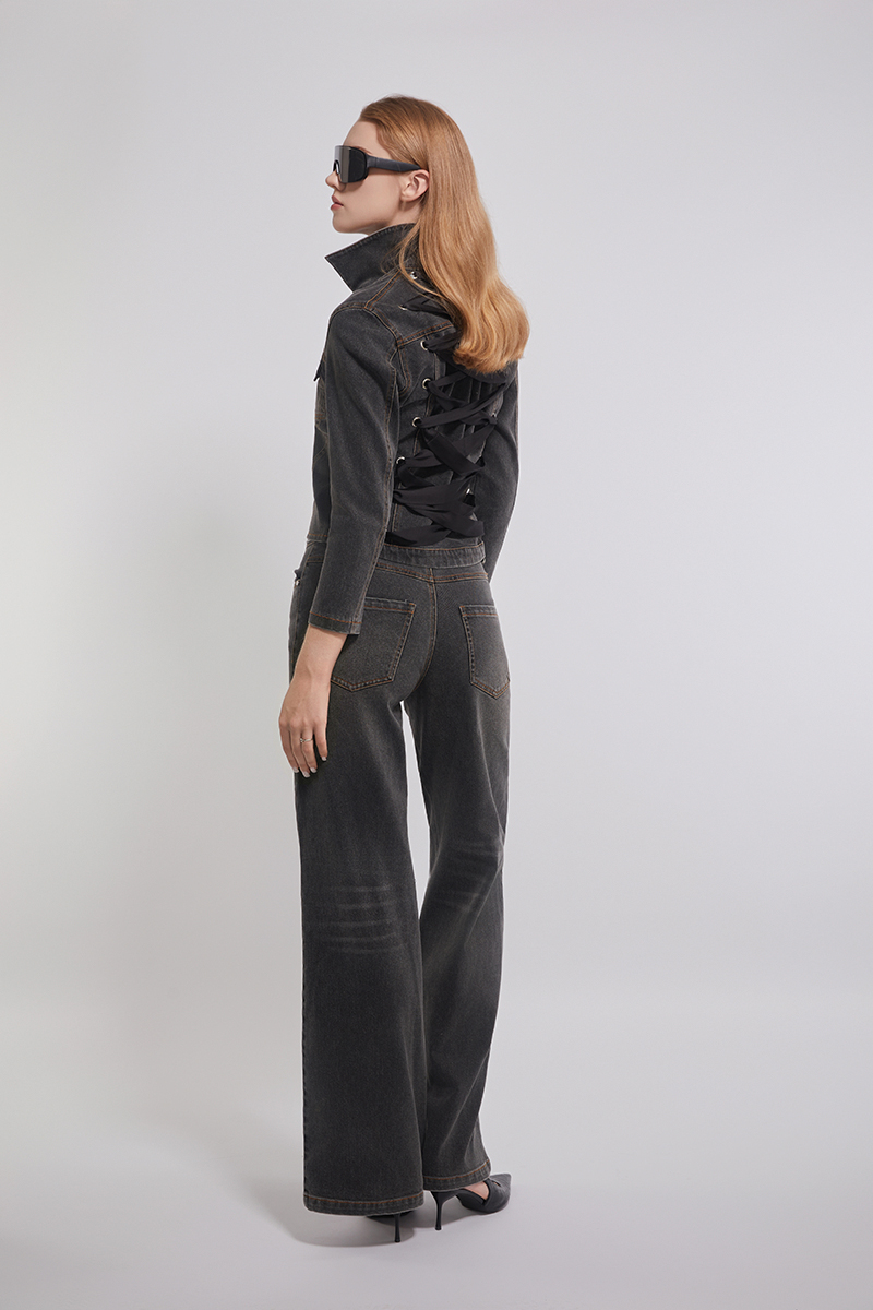 Back Satin Tape Black Denim Jacket