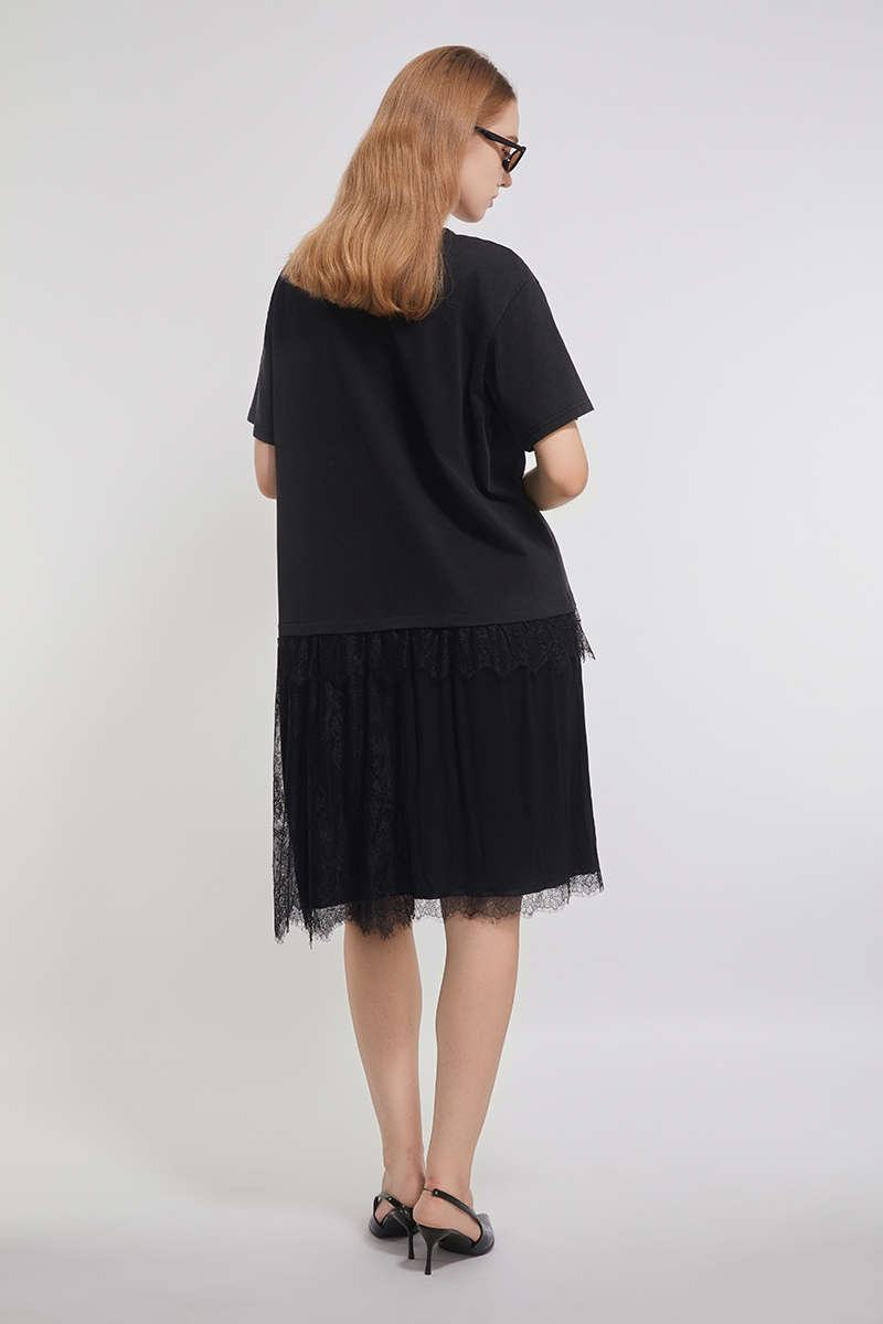 Lace  Trimed Cotton Tee Joint With Mesh Dress