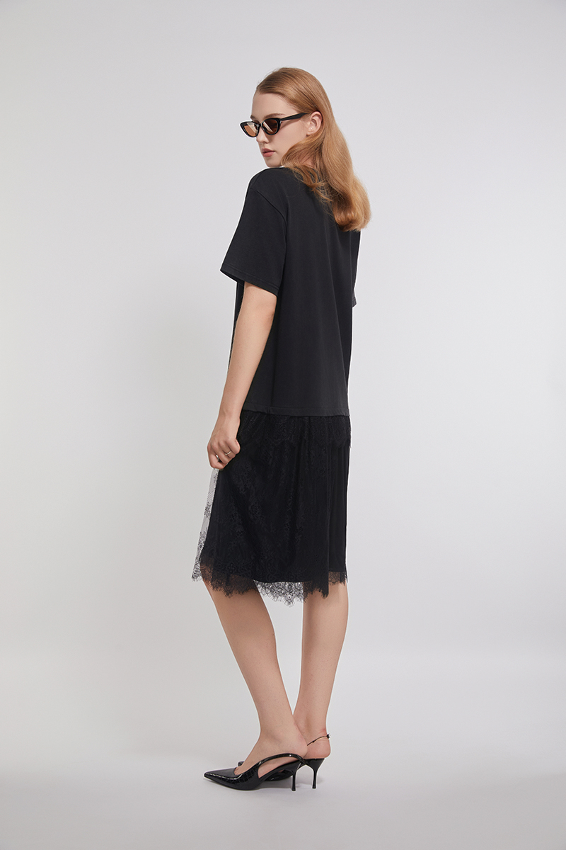 Lace  Trimed Cotton Tee Joint With Mesh Dress